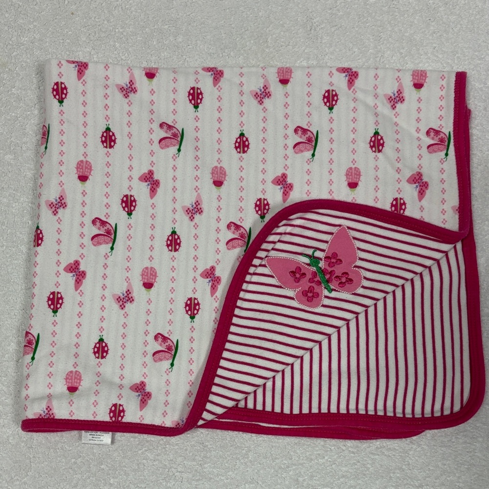 Koala baby Pink and White Butterfly striped reversible receiving blanket